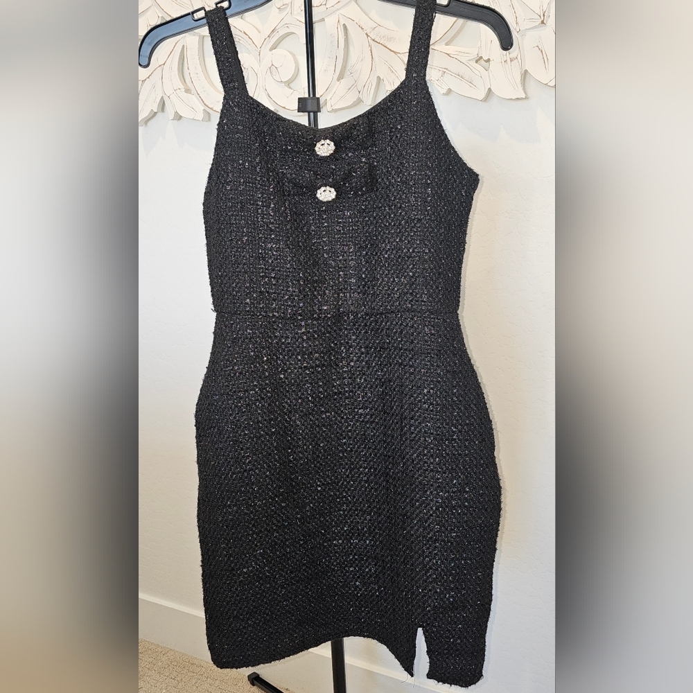 NWT Rare Editions Black Metallic Tweed Lined Dress with Crytal Bows Girls Sz 16